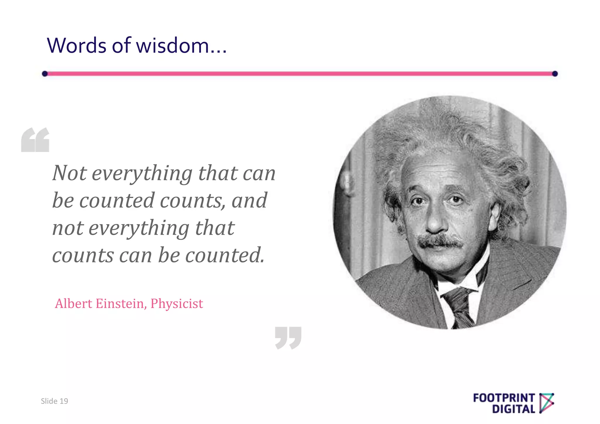 Words of wisdom…
Slide 19
Not everything that can
be counted counts, and
not everything that
counts can be counted.
Albert Einstein, Physicist
“
”
 