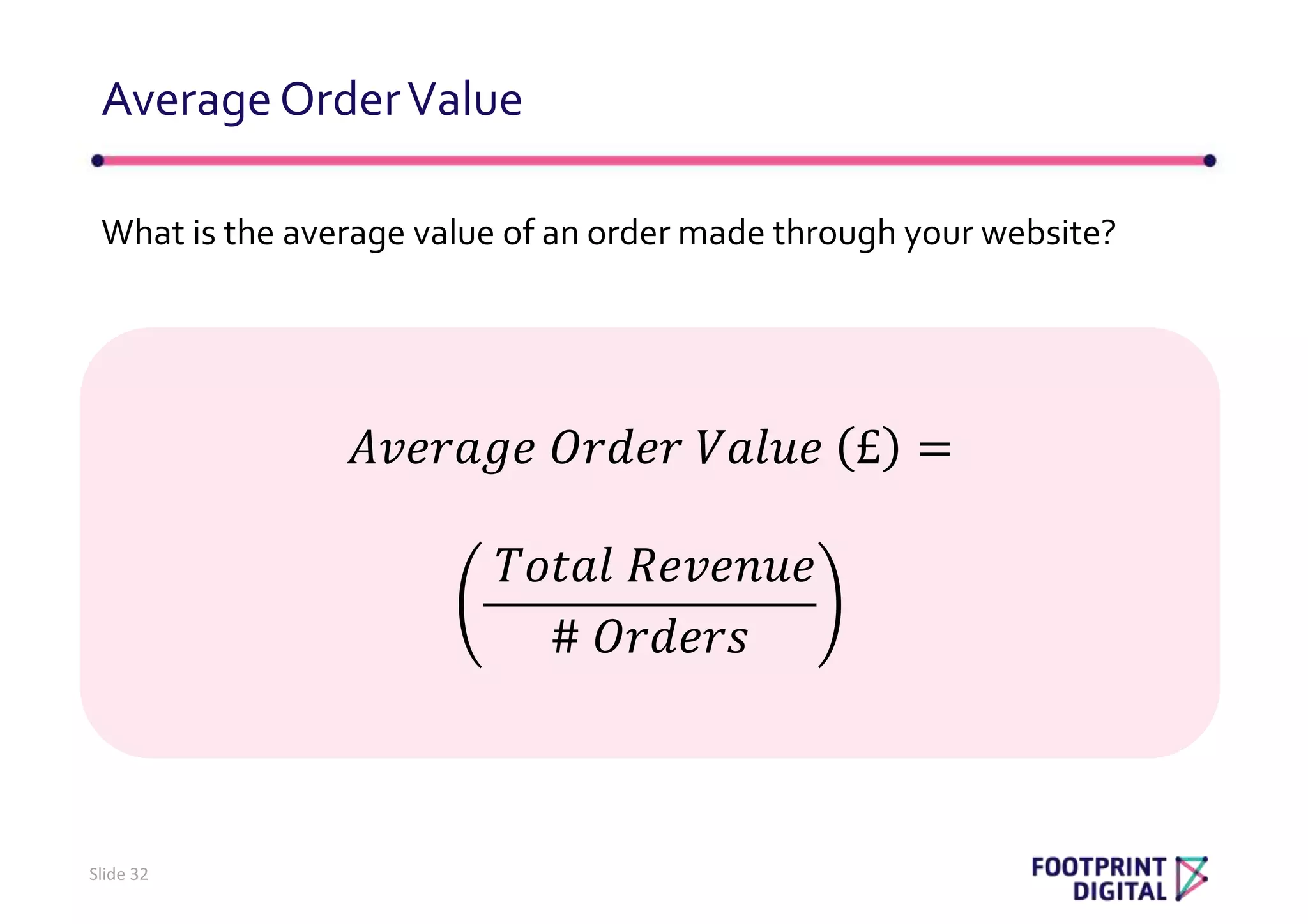 What is the average value of an order made through your website?
AverageOrderValue
Slide 32
𝐴𝑣𝑒𝑟𝑎𝑔𝑒 𝑂𝑟𝑑𝑒𝑟 𝑉𝑎𝑙𝑢𝑒 £ =
𝑇𝑜𝑡𝑎𝑙 𝑅𝑒𝑣𝑒𝑛𝑢𝑒
# 𝑂𝑟𝑑𝑒𝑟𝑠
 