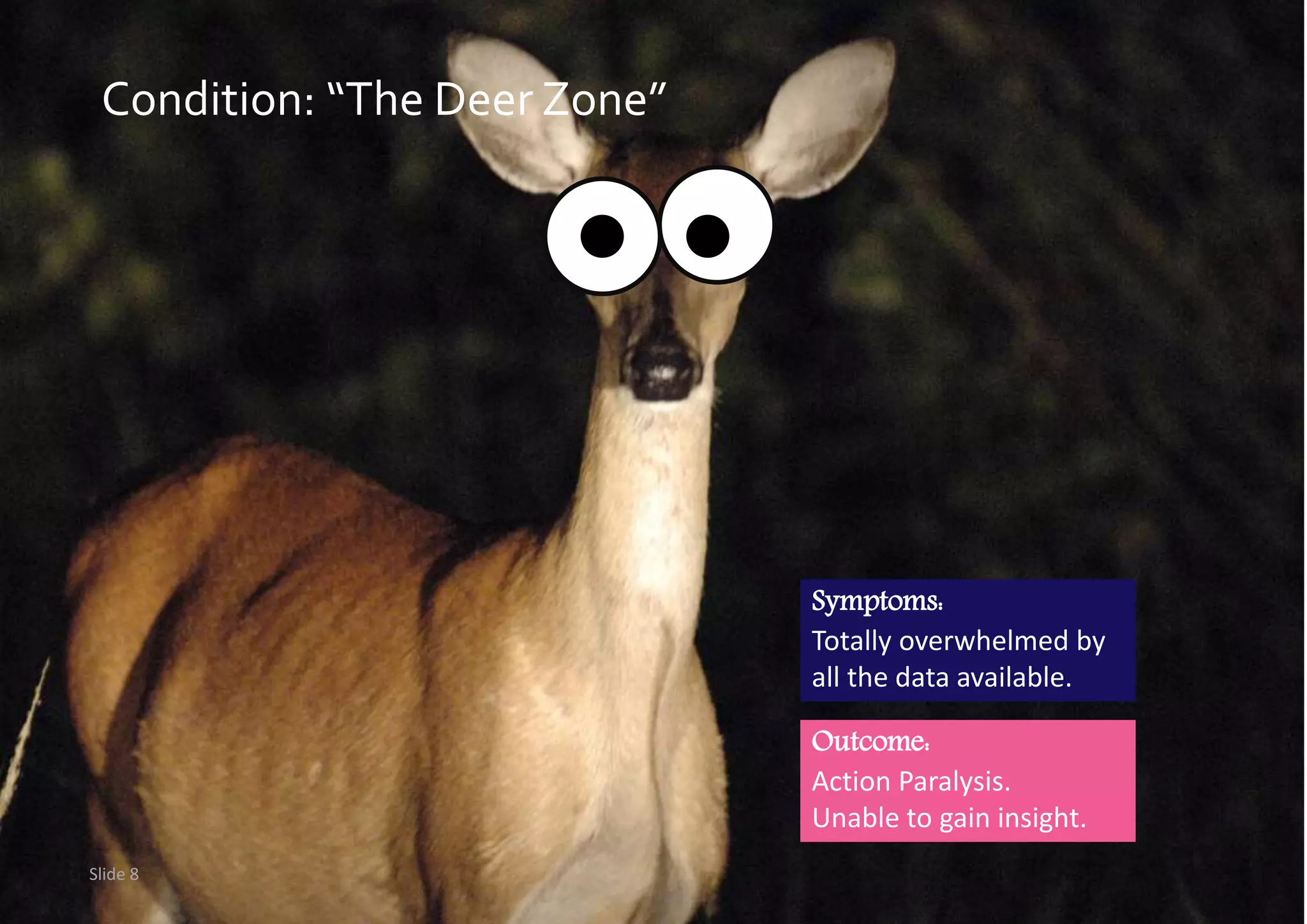 Condition: “The Deer Zone”
Slide 8
Symptoms:
Totally overwhelmed by
all the data available.
Outcome:
Action Paralysis.
Unable to gain insight.
 