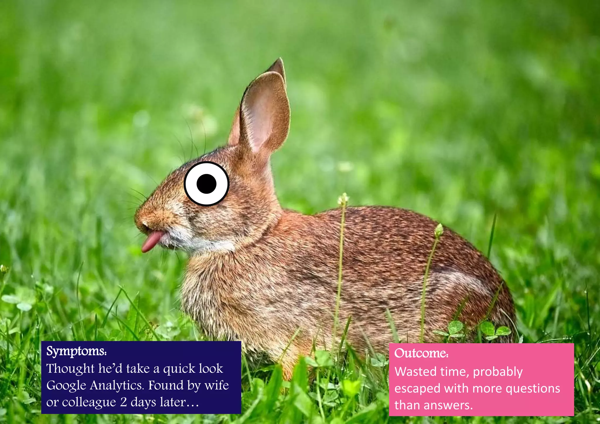 Condition: “The Rabbit Hole”
Slide 9
Symptoms:
Thought he’d take a quick look
Google Analytics. Found by wife
or colleague 2 days later…
Outcome:
Wasted time, probably
escaped with more questions
than answers.
 