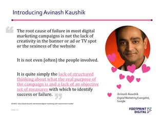 The root cause of failure in most digital
marketing campaigns is not the lack of
creativity in the banner or ad or TV spot
or the sexiness of the website
It is not even (often) the people involved.
It is quite simply the lack of structured
thinking about what the real purpose of
the campaign is and a lack of an objective
set of measures with which to identify
success or failure.
Introducing Avinash Kaushik
Slide 21
“
”
Avinash Kaushik
Digital Marketing Evangelist,
Google
SOURCE: http://www.kaushik.net/avinash/digital-marketing-and-measurement-model/
 