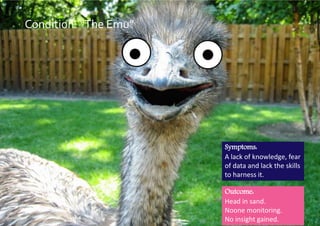 Condition: “The Emu”
Slide 7
Symptoms:
A lack of knowledge, fear
of data and lack the skills
to harness it.
Outcome:
Head in sand.
Noone monitoring.
No insight gained.
 