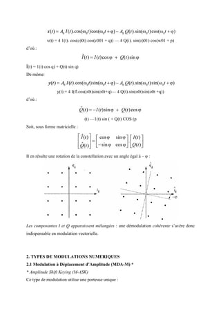 x(t) = 4 1(t). cos(o)0t) cos(c001 + q)) — 4 Q(i). sin(o)01) cos(w01 + p)
d’où :
Î(t) = 1(t) cos q) + Q(t) sin q)
De même:
y(t) = 4 I(fl.cos(o0t)sin(o0t+q)— 4 Q(t).sin(o0t)sin(o0t +q))
d’où :
(t) —1(t) sin ( + Q(t) COS (p
Soit, sous forme matricielle :
Il en résulte une rotation de la constellation avec un angle égal à – φ :
Les composantes I et Q apparaissent mélangées : une démodulation cohérente s’avère donc
indispensable en modulation vectorielle.
2. TYPES DE MODULATIONS NUMERIQUES
2.1 Modulation à Déplacement d’Amplitude (MDA-M) *
* Amplitude Shift Keying (M-ASK)
Ce type de modulation utilise une porteuse unique :
 