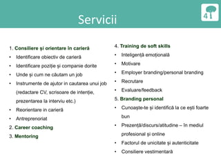 Servicii
1. Consiliere și orientare în carieră
• Identificare obiectiv de carieră
• Identificare poziție și companie dorite
• Unde și cum ne căutam un job
• Instrumente de ajutor in cautarea unui job
(redactare CV, scrisoare de intenție,
prezentarea la interviu etc.)
• Reorientare in carieră
• Antreprenoriat
2. Career coaching
3. Mentoring
4. Training de soft skills
• Inteligență emoțională
• Motivare
• Employer branding/personal branding
• Recrutare
• Evaluare/feedback
5. Branding personal
• Cunoaște-te și identifică la ce ești foarte
bun
• Prezență/discurs/atitudine – în mediul
profesional și online
• Factorul de unicitate și autenticitate
• Consiliere vestimentară
 