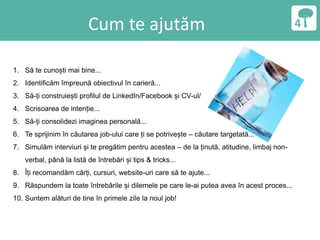 Cum te ajutăm
1. Să te cunoști mai bine...
2. Identificăm împreună obiectivul în carieră...
3. Să-ți construiești profilul de LinkedIn/Facebook și CV-ul/
4. Scrisoarea de intenție...
5. Să-ți consolidezi imaginea personală...
6. Te sprijinim în căutarea job-ului care ți se potrivește – căutare targetată...
7. Simulăm interviuri și te pregătim pentru acestea – de la ținută, atitudine, limbaj non-
verbal, până la listă de întrebări și tips & tricks...
8. Îți recomandăm cărți, cursuri, website-uri care să te ajute...
9. Răspundem la toate întrebările și dilemele pe care le-ai putea avea în acest proces...
10. Suntem alături de tine în primele zile la noul job!
 