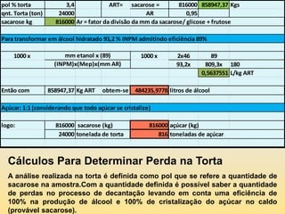 pol % torta             3,4              ART= sacarose =          816000 858947,37 Kgs
qnt. Torta (ton)      24000                           AR             0,95
sacarose kg          816000 Ar = fator da divisão da mm da sacarose/ glicose + frutose

Para transformar em álcool hidratado 93,2 % INPM admitindo eficiência 89%

    1000 x               mm etanol x (89)           1000 x       2x46        89
                     (INPM)x(Mep)x(mm AR)                        93,2x     809,3x 180
                                                                          0,5637551 L/kg ART

Então com          858947,37 Kg ART   obtem-se    484235,9778 litros de álcool

Açúcar: 1:1 (considerando que todo açúcar se cristalize)

logo:                816000 sacarose (kg)              816000 açúcar (kg)
                      24000 tonelada de torta             816 toneladas de açúcar



  Cálculos Para Determinar Perda na Torta
  A análise realizada na torta é definida como pol que se refere a quantidade de
  sacarose na amostra.Com a quantidade definida é possível saber a quantidade
  de perdas no processo de decantação levando em conta uma eficiência de
  100% na produção de álcool e 100% de cristalização do açúcar no caldo
  (provável sacarose).
 