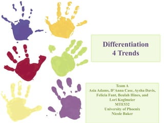 Differentiation4 Trends Team A Asia Adams, D’Anna Case, Aysha Davis, Felicia Fant, Beulah Hines, and  Lori Koglmeier MTE532 University of Phoenix Nicole Baker 