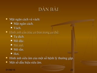 01/06/15 22
DÀN BÀIDÀN BÀI
 Mặt ngăn cách và vách:Mặt ngăn cách và vách:
 Mặt ngăn cách.Mặt ngăn cách.
 Vách.Vách.
 Hình ảnh cấu trúc cơ bản trong cơ thể:Hình ảnh cấu trúc cơ bản trong cơ thể:
 Tụ dịch.Tụ dịch.
 Mô đặc.Mô đặc.
 Mô mỡ.Mô mỡ.
 Mô rắn.Mô rắn.
 Hơi.Hơi.
 Hình ảnh siêu âm của một số bệnh lý thường gặp.Hình ảnh siêu âm của một số bệnh lý thường gặp.
 Một số dấu hiệu siêu âm.Một số dấu hiệu siêu âm.
 