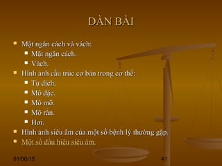 01/06/15 41
DÀN BÀIDÀN BÀI
 Mặt ngăn cách và vách:Mặt ngăn cách và vách:
 Mặt ngăn cách.Mặt ngăn cách.
 Vách.Vách.
 Hình ảnh cấu trúc cơ bản trong cơ thể:Hình ảnh cấu trúc cơ bản trong cơ thể:
 Tụ dịch.Tụ dịch.
 Mô đặc.Mô đặc.
 Mô mỡ.Mô mỡ.
 Mô rắn.Mô rắn.
 Hơi.Hơi.
 Hình ảnh siêu âm của một số bệnh lý thường gặp.Hình ảnh siêu âm của một số bệnh lý thường gặp.
 Một số dấu hiệu siêu âm.Một số dấu hiệu siêu âm.
 