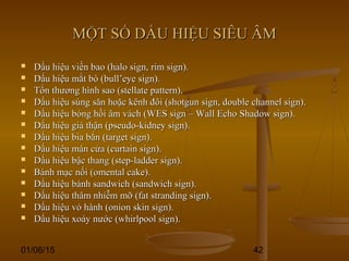 01/06/15 42
MỘT SỐ DẤU HIỆU SIÊU ÂMMỘT SỐ DẤU HIỆU SIÊU ÂM
 Dấu hiệu viền bao (halo sign, rim sign).Dấu hiệu viền bao (halo sign, rim sign).
 Dấu hiệu mắt bò (bull’eye sign).Dấu hiệu mắt bò (bull’eye sign).
 Tổn thương hình sao (stellate pattern).Tổn thương hình sao (stellate pattern).
 Dấu hiệu súng săn hoặc kênh đôi (shotgun sign, double channel sign).Dấu hiệu súng săn hoặc kênh đôi (shotgun sign, double channel sign).
 Dấu hiệu bóng hồi âm vách (WES sign – Wall Echo Shadow sign).Dấu hiệu bóng hồi âm vách (WES sign – Wall Echo Shadow sign).
 Dấu hiệu giả thận (pseudo-kidney sign).Dấu hiệu giả thận (pseudo-kidney sign).
 Dấu hiệu bia bắn (target sign).Dấu hiệu bia bắn (target sign).
 Dấu hiệu màn cửa (curtain sign).Dấu hiệu màn cửa (curtain sign).
 Dấu hiệu bậc thang (step-ladder sign).Dấu hiệu bậc thang (step-ladder sign).
 Bánh mạc nối (omental cake).Bánh mạc nối (omental cake).
 Dấu hiệu bánh sandwich (sandwich sign).Dấu hiệu bánh sandwich (sandwich sign).
 Dấu hiệu thâm nhiễm mỡ (fat stranding sign).Dấu hiệu thâm nhiễm mỡ (fat stranding sign).
 Dấu hiệu vỏ hành (onion skin sign).Dấu hiệu vỏ hành (onion skin sign).
 Dấu hiệu xoáy nước (whirlpool sign).Dấu hiệu xoáy nước (whirlpool sign).
 