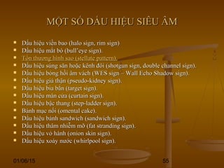 01/06/15 55
MỘT SỐ DẤU HIỆU SIÊU ÂMMỘT SỐ DẤU HIỆU SIÊU ÂM
 Dấu hiệu viền bao (halo sign, rim sign)Dấu hiệu viền bao (halo sign, rim sign)
 Dấu hiệu mắt bò (bull’eye sign).Dấu hiệu mắt bò (bull’eye sign).
 Tổn thương hình sao (stellate pattern).Tổn thương hình sao (stellate pattern).
 Dấu hiệu súng săn hoặc kênh đôi (shotgun sign, double channel sign).Dấu hiệu súng săn hoặc kênh đôi (shotgun sign, double channel sign).
 Dấu hiệu bóng hồi âm vách (WES sign – Wall Echo Shadow sign).Dấu hiệu bóng hồi âm vách (WES sign – Wall Echo Shadow sign).
 Dấu hiệu giả thận (pseudo-kidney sign).Dấu hiệu giả thận (pseudo-kidney sign).
 Dấu hiệu bia bắn (target sign).Dấu hiệu bia bắn (target sign).
 Dấu hiệu màn cửa (curtain sign).Dấu hiệu màn cửa (curtain sign).
 Dấu hiệu bậc thang (step-ladder sign).Dấu hiệu bậc thang (step-ladder sign).
 Bánh mạc nối (omental cake).Bánh mạc nối (omental cake).
 Dấu hiệu bánh sandwich (sandwich sign).Dấu hiệu bánh sandwich (sandwich sign).
 Dấu hiệu thâm nhiễm mỡ (fat stranding sign).Dấu hiệu thâm nhiễm mỡ (fat stranding sign).
 Dấu hiệu vỏ hành (onion skin sign).Dấu hiệu vỏ hành (onion skin sign).
 Dấu hiệu xoáy nước (whirlpool sign).Dấu hiệu xoáy nước (whirlpool sign).
 