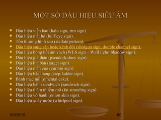 01/06/15 60
MỘT SỐ DẤU HIỆU SIÊU ÂMMỘT SỐ DẤU HIỆU SIÊU ÂM
 Dấu hiệu viền bao (halo sign, rim sign)Dấu hiệu viền bao (halo sign, rim sign)
 Dấu hiệu mắt bò (bull’eye sign).Dấu hiệu mắt bò (bull’eye sign).
 Tổn thương hình sao (stellate pattern).Tổn thương hình sao (stellate pattern).
 Dấu hiệu súng săn hoặc kênh đôi (shotgun sign, double channel sign).
 Dấu hiệu bóng hồi âm vách (WES sign – Wall Echo Shadow sign).Dấu hiệu bóng hồi âm vách (WES sign – Wall Echo Shadow sign).
 Dấu hiệu giả thận (pseudo-kidney sign).Dấu hiệu giả thận (pseudo-kidney sign).
 Dấu hiệu bia bắn (target sign).Dấu hiệu bia bắn (target sign).
 Dấu hiệu màn cửa (curtain sign).Dấu hiệu màn cửa (curtain sign).
 Dấu hiệu bậc thang (step-ladder sign).Dấu hiệu bậc thang (step-ladder sign).
 Bánh mạc nối (omental cake).Bánh mạc nối (omental cake).
 Dấu hiệu bánh sandwich (sandwich sign).Dấu hiệu bánh sandwich (sandwich sign).
 Dấu hiệu thâm nhiễm mỡ (fat stranding sign).Dấu hiệu thâm nhiễm mỡ (fat stranding sign).
 Dấu hiệu vỏ hành (onion skin sign).Dấu hiệu vỏ hành (onion skin sign).
 Dấu hiệu xoáy nước (whirlpool sign).Dấu hiệu xoáy nước (whirlpool sign).
 