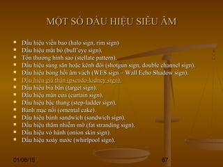 01/06/15 67
MỘT SỐ DẤU HIỆU SIÊU ÂMMỘT SỐ DẤU HIỆU SIÊU ÂM
 Dấu hiệu viền bao (halo sign, rim sign)Dấu hiệu viền bao (halo sign, rim sign)
 Dấu hiệu mắt bò (bull’eye sign).Dấu hiệu mắt bò (bull’eye sign).
 Tổn thương hình sao (stellate pattern).Tổn thương hình sao (stellate pattern).
 Dấu hiệu súng săn hoặc kênh đôi (shotgun sign, double channel sign).Dấu hiệu súng săn hoặc kênh đôi (shotgun sign, double channel sign).
 Dấu hiệu bóng hồi âm vách (WES sign – Wall Echo Shadow sign).Dấu hiệu bóng hồi âm vách (WES sign – Wall Echo Shadow sign).
 Dấu hiệu giả thận (pseudo-kidney sign).Dấu hiệu giả thận (pseudo-kidney sign).
 Dấu hiệu bia bắn (target sign).Dấu hiệu bia bắn (target sign).
 Dấu hiệu màn cửa (curtain sign).Dấu hiệu màn cửa (curtain sign).
 Dấu hiệu bậc thang (step-ladder sign).Dấu hiệu bậc thang (step-ladder sign).
 Bánh mạc nối (omental cake).Bánh mạc nối (omental cake).
 Dấu hiệu bánh sandwich (sandwich sign).Dấu hiệu bánh sandwich (sandwich sign).
 Dấu hiệu thâm nhiễm mỡ (fat stranding sign).Dấu hiệu thâm nhiễm mỡ (fat stranding sign).
 Dấu hiệu vỏ hành (onion skin sign).Dấu hiệu vỏ hành (onion skin sign).
 Dấu hiệu xoáy nước (whirlpool sign).Dấu hiệu xoáy nước (whirlpool sign).
 