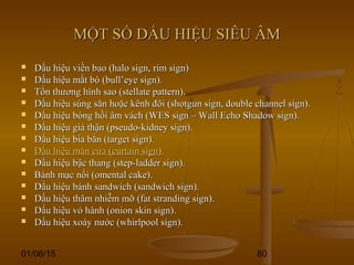 01/06/15 80
MỘT SỐ DẤU HIỆU SIÊU ÂMMỘT SỐ DẤU HIỆU SIÊU ÂM
 Dấu hiệu viền bao (halo sign, rim sign)Dấu hiệu viền bao (halo sign, rim sign)
 Dấu hiệu mắt bò (bull’eye sign).Dấu hiệu mắt bò (bull’eye sign).
 Tổn thương hình sao (stellate pattern).Tổn thương hình sao (stellate pattern).
 Dấu hiệu súng săn hoặc kênh đôi (shotgun sign, double channel sign).Dấu hiệu súng săn hoặc kênh đôi (shotgun sign, double channel sign).
 Dấu hiệu bóng hồi âm vách (WES sign – Wall Echo Shadow sign).Dấu hiệu bóng hồi âm vách (WES sign – Wall Echo Shadow sign).
 Dấu hiệu giả thận (pseudo-kidney sign).Dấu hiệu giả thận (pseudo-kidney sign).
 Dấu hiệu bia bắn (target sign).Dấu hiệu bia bắn (target sign).
 Dấu hiệu màn cửa (curtain sign).Dấu hiệu màn cửa (curtain sign).
 Dấu hiệu bậc thang (step-ladder sign).Dấu hiệu bậc thang (step-ladder sign).
 Bánh mạc nối (omental cake).Bánh mạc nối (omental cake).
 Dấu hiệu bánh sandwich (sandwich sign).Dấu hiệu bánh sandwich (sandwich sign).
 Dấu hiệu thâm nhiễm mỡ (fat stranding sign).Dấu hiệu thâm nhiễm mỡ (fat stranding sign).
 Dấu hiệu vỏ hành (onion skin sign).Dấu hiệu vỏ hành (onion skin sign).
 Dấu hiệu xoáy nước (whirlpool sign).Dấu hiệu xoáy nước (whirlpool sign).
 