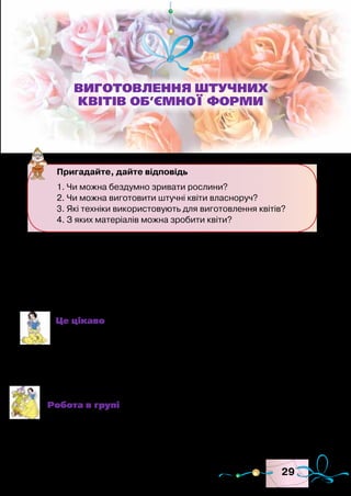 29
Квіти — окраса нашої планети. Краса живої природи нади-
хає нас на створення штучних квітів. Вишукані троянди й лілеї,
скромні ромашки й кульбаби не тільки прикрасять оселю, одяг,
зачіску, а й подарують святковий настрій. Виготовлені власно-
руч квіти виявляють індивідуальність майстра.
Це цікаво
Щороку поповнюється перелік рослин, які зникають,
бо люди зривають їх заради гарного цвіту. Зірвані квіти
швидко зів’януть, а на стеблі вони ще довго милували б
око. У лісі, на лузі не варто зривати квіти для букетів,
для цього є спеціально вирощені квіти.
Робота в групі
1. Прочитайте вірш і дайте відповіді на запитання.
Вам у походи ходити
І мандрувать, любі діти!
Пригадайте, дайте відповідь
1. Чи можна бездумно зривати рослини?
2. Чи можна виготовити штучні квіти власноруч?
3. Які техніки використовують для виготовлення квітів?
4. З яких матеріалів можна зробити квіти?
ВИГОТОВЛЕННЯ ШТУЧНИХ
КВІТІВ ОБ’ЄМНОЇ ФОРМИ
 