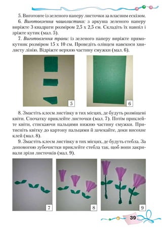 39
5. Виготовте із зеленого паперу листочки за власним ескізом.
6. Виготовлення чашолистика: з аркуша зеленого паперу
виріжте 3 квадрати розміром 2,5 х 2,5 см. Складіть їх навпіл і
зріжте кутик (мал. 5).
7. Виготовлення трави: із зеленого паперу виріжте прямо-
кутник розміром 15 х 10 см. Проведіть олівцем навскоси хви-
лясту лінію. Відріжте верхню частину смужки (мал. 6).
8. Змастіть клеєм листівку в тих місцях, де будуть розміщені
квіти. Спочатку приклейте листочки (мал. 7). Потім приклей-
те квіти, стискаючи пальцями нижню частину смужки. При-
тисніть квітку до картону пальцями й зачекайте, доки висохне
клей (мал. 8).
9. Змастіть клеєм листівку в тих місцях, де будуть стебла. За
допомогою зубочистки приклейте стебла так, щоб вони закри-
вали зрізи листочків (мал. 9).
5 6
7 8 9
 