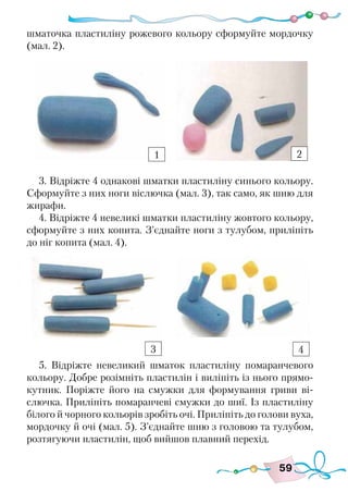 59
шматочка пластиліну рожевого кольору сформуйте мордочку
(мал. 2).
3. Відріжте 4 однакові шматки пластиліну синього кольору.
Сформуйте з них ноги віслючка (мал. 3), так само, як шию для
жирафи.
4. Відріжте 4 невеликі шматки пластиліну жовтого кольору,
сформуйте з них копита. З’єднайте ноги з тулубом, приліпіть
до ніг копита (мал. 4).
5. Відріжте невеликий шматок пластиліну помаранчевого
кольору. Добре розімніть пластилін і виліпіть із нього прямо-
кутник. Поріжте його на смужки для формування гриви ві-
слючка. Приліпіть помаранчеві смужки до шиї. Із пластиліну
білого й чорного кольорів зробіть очі. Приліпіть до голови вуха,
мордочку й очі (мал. 5). З’єднайте шию з головою та тулубом,
розтягуючи пластилін, щоб вийшов плавний перехід.
1 2
3 4
 