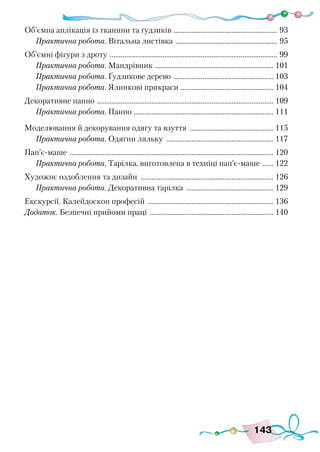 143
Об’ємна аплікація із тканини та ґудзиків .......................................................... 93
Практична робота. Вітальна листівка ......................................................... 95
Об’ємні фігури з дроту ............................................................................................. 99
Практична робота. Мандрівник .................................................................. 101
Практична робота. Ґудзикове дерево ........................................................ 103
Практична робота. Ялинкові прикраси .................................................... 104
Декоративне панно .................................................................................................. 109
Практична робота. Панно ............................................................................. 111
Моделювання й декорування одягу та взуття ............................................... 115
Практична робота. Одягни ляльку ............................................................ 117
Пап’є-маше ................................................................................................................. 120
Практична робота. Тарілка, виготовлена в техніці пап’є-маше ....... 122
Художнє оздоблення та дизайн .......................................................................... 126
Практична робота. Декоративна тарілка ................................................. 129
Екскурсії. Калейдоскоп професій ...................................................................... 136
Додаток. Безпечні прийоми праці ..................................................................... 140
 