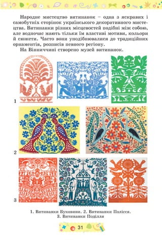 ї® * * ^ + . ,, 0 ь № * о П о ° ■» * ж О1.*'
Народне мистецтво витинанок - одна з яскравих і
самобутніх сторінок українського декоративного мисте­
цтва. Витинанки різних місцевостей подібні між собою,
але водночас мають тільки їм властиві мотиви, кольори
й сюжети. Часто вони уподібнювалися до традиційних
орнаментів, розписів певного регіону.
На Вінниччині створено музей витинанок.
1. Витинанки Буковини. 2. Витинанки Полісся.
3. Витинанки Поділля
 
