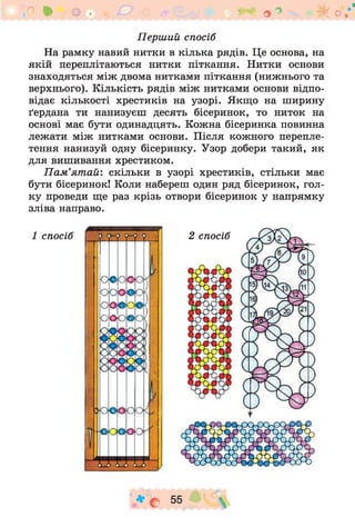 о * V о ^ о
Перший спосіб
На рамку навий нитки в кілька рядів. Це основа, на
якій переплітаються нитки піткання. Нитки основи
знаходяться між двома нитками піткання (нижнього та
верхнього). Кількість рядів між нитками основи відпо­
відає кількості хрестиків на узорі. Якщо на ширину
ґердана ти нанизуєш десять бісеринок, то ниток на
основі має бути одинадцять. Кожна бісеринка повинна
лежати між нитками основи. Після кожного перепле­
тення нанизуй одну бісеринку. Узор добери такий, як
для вишивання хрестиком.
П ам ’ятай: скільки в узорі хрестиків, стільки має
бути бісеринок! Коли набереш один ряд бісеринок, гол­
ку проведи ще раз крізь отвори бісеринок у напрямку
зліва направо.
1 спосіб
■
соосю к
о о о т о і
о о * о ® <
о о о в о /
УОООООІ
•'С ос--.
2 спосіб
* с 55 
 