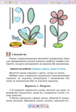 • О . & о О * 'ч о /
Разом з однокласниками виготуйте декоративні квіти
для прикрашання класної кімнати: знайдіть вироби в Ін-
тернеті, складіть послідовність за зразком або малюнками.
Практична робота. Іграшки з дроту, хутра та ниток
Виготуй цікаві іграшки з дроту, хутра та ниток.
Вибери один з варіантів художнього конструювання
іграшки: за поданою інструкцією і малюнками (1);
лише за малюнками (2); за власним задумом.
Варіант 1. Павучок
1. З відрізків ворсистого хутра виготуй дві різні за
розмірами подушечки, зший їх, утворюючи тулуб і го­
лову павучка.
2. Вигни дротинки у формі лапок, обмотай їх вовня­
ними нитками. Прикріпи лапки, вусики, приклей очі.
♦ о 95 
 
