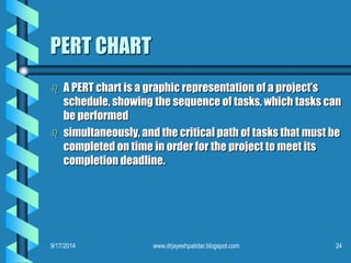 PERT CHART 
A PERT chart is a graphic representation of a project’s schedule, showing the sequence of tasks, which tasks can be performed 
simultaneously, and the critical path of tasks that must be completed on time in order for the project to meet its completion deadline. 
9/17/2014 
24 
www.drjayeshpatidar.blogspot.com  