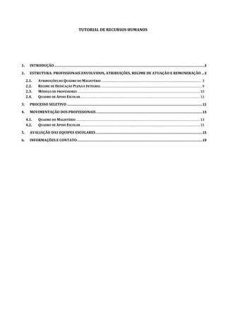 TUTORIAL DE RECURSOS HUMANOS




1.     INTRODUÇÃO ......................................................................................................................................................3

2.     ESTRUTURA: PROFISSIONAIS ENVOLVIDOS, ATRIBUIÇÕES, REGIME DE ATUAÇÃO E REMUNERAÇÃO ...3

     2.1.     ATRIBUIÇÕES DO QUADRO DO MAGISTÉRIO ......................................................................................................... 3
     2.2.     REGIME DE DEDICAÇÃO PLENA E INTEGRAL ......................................................................................................... 9
     2.3.     MÓDULO DE PROFESSORES ................................................................................................................................ 10
     2.4.     QUADRO DE APOIO ESCOLAR ............................................................................................................................. 11

3.     PROCESSO SELETIVO ....................................................................................................................................... 11

4.     MOVIMENTAÇÃO DOS PROFISSIONAIS .......................................................................................................... 13

     4.1.     QUADRO DO MAGISTÉRIO .................................................................................................................................. 13
     4.2.     QUADRO DE APOIO ESCOLAR ............................................................................................................................. 15

5.     AVALIAÇÃO DAS EQUIPES ESCOLARES .......................................................................................................... 15

6.     INFORMAÇÕES E CONTATO ............................................................................................................................. 19
 