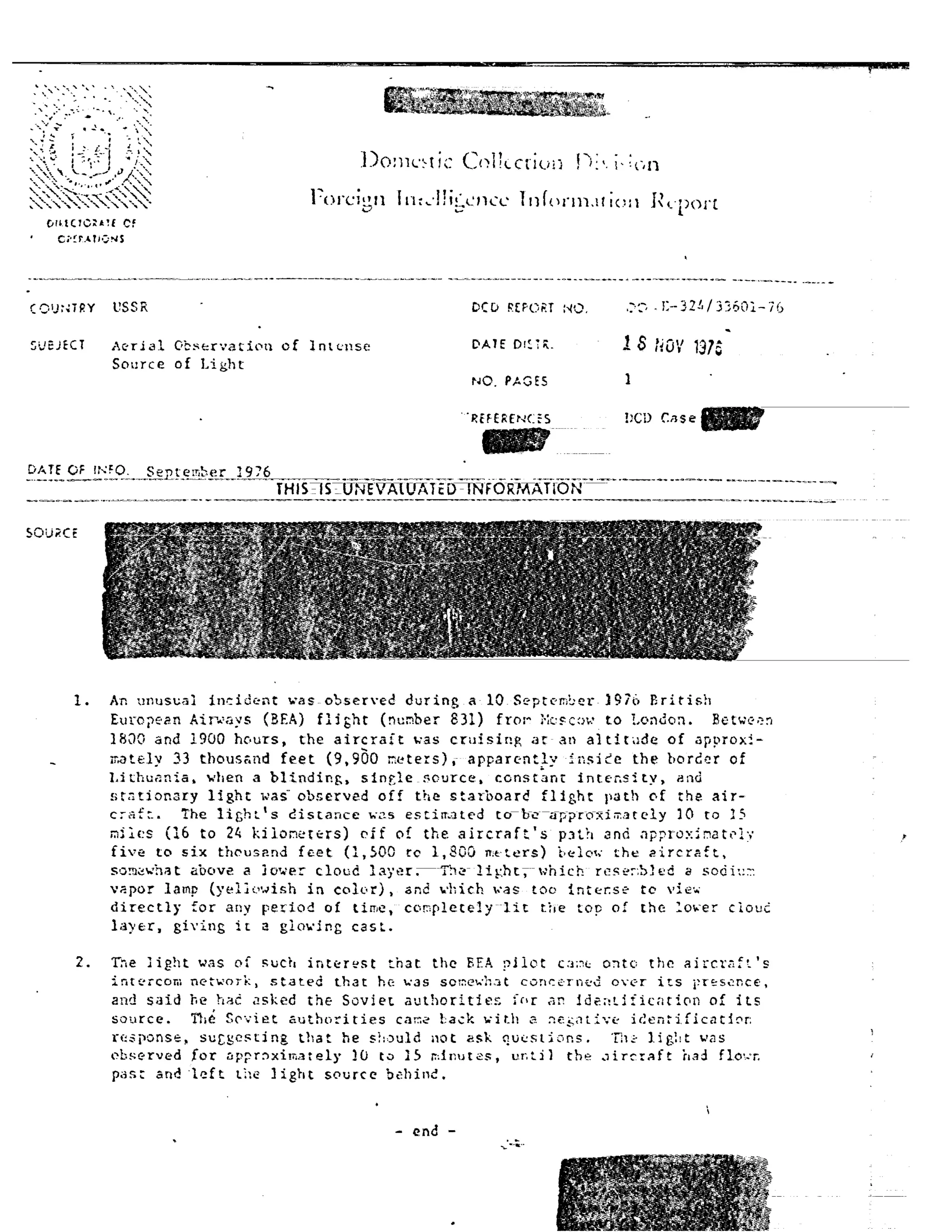 Aerial observation of intense source of light