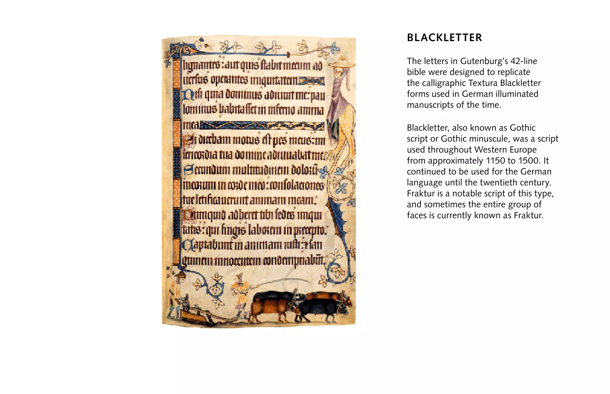 blackletter
The letters in Gutenburg’s 42-line
bible were designed to replicate
the calligraphic Textura Blackletter
forms used in German illuminated
manuscripts of the time.
Blackletter, also known as Gothic
script or Gothic minuscule, was a script
used throughout Western Europe
from approximately 1150 to 1500. It
continued to be used for the German
language until the twentieth century.
Fraktur is a notable script of this type,
and sometimes the entire group of
faces is currently known as Fraktur.
 