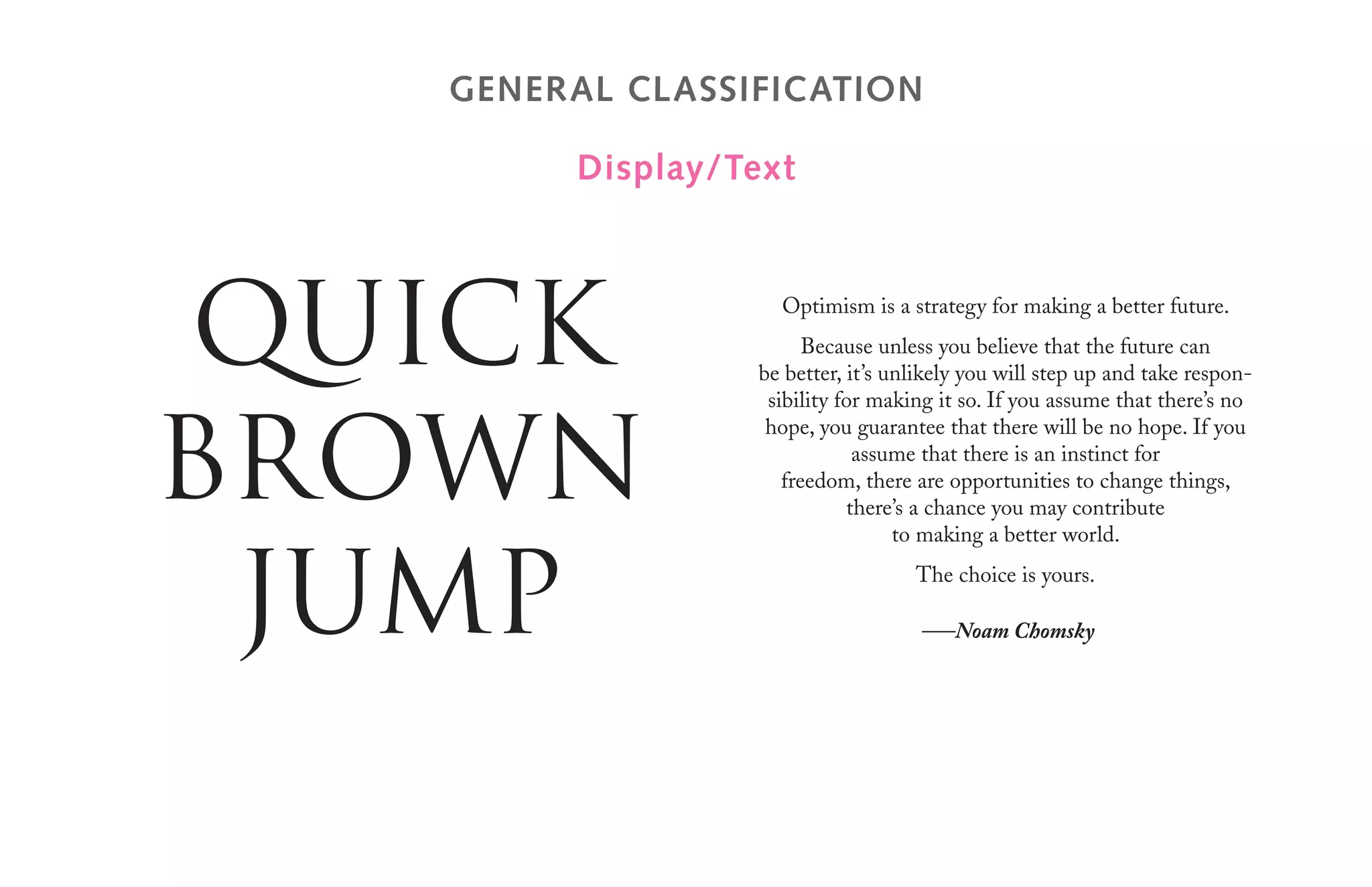 General classification
Display/Text
Optimism is a strategy for making a better future.
Because unless you believe that the future can
be better, it’s unlikely you will step up and take respon-
sibility for making it so. If you assume that there’s no
hope, you guarantee that there will be no hope. If you
assume that there is an instinct for
freedom, there are opportunities to change things,
there’s a chance you may contribute
to making a better world.
The choice is yours.
–—Noam Chomsky
QUICK
BROWN
JUMP
 