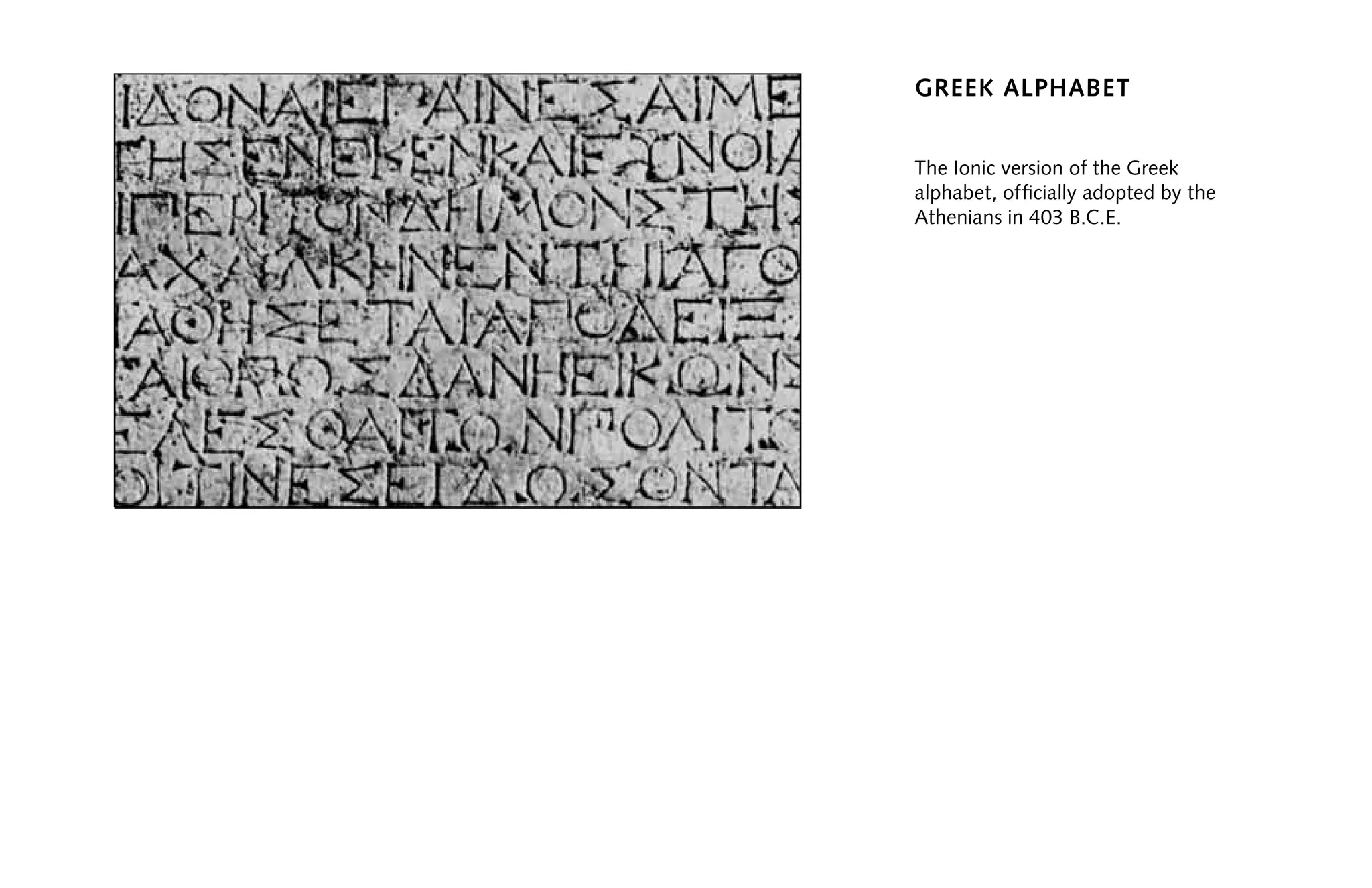 Greek alphabet
The Ionic version of the Greek
alphabet, officially adopted by the
Athenians in 403 B.C.E.
 