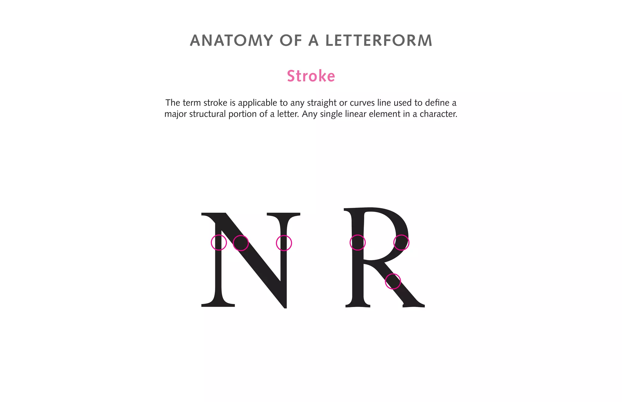 anatomy of a letterform
Stroke
The term stroke is applicable to any straight or curves line used to define a
major structural portion of a letter. Any single linear element in a character.
N R
 