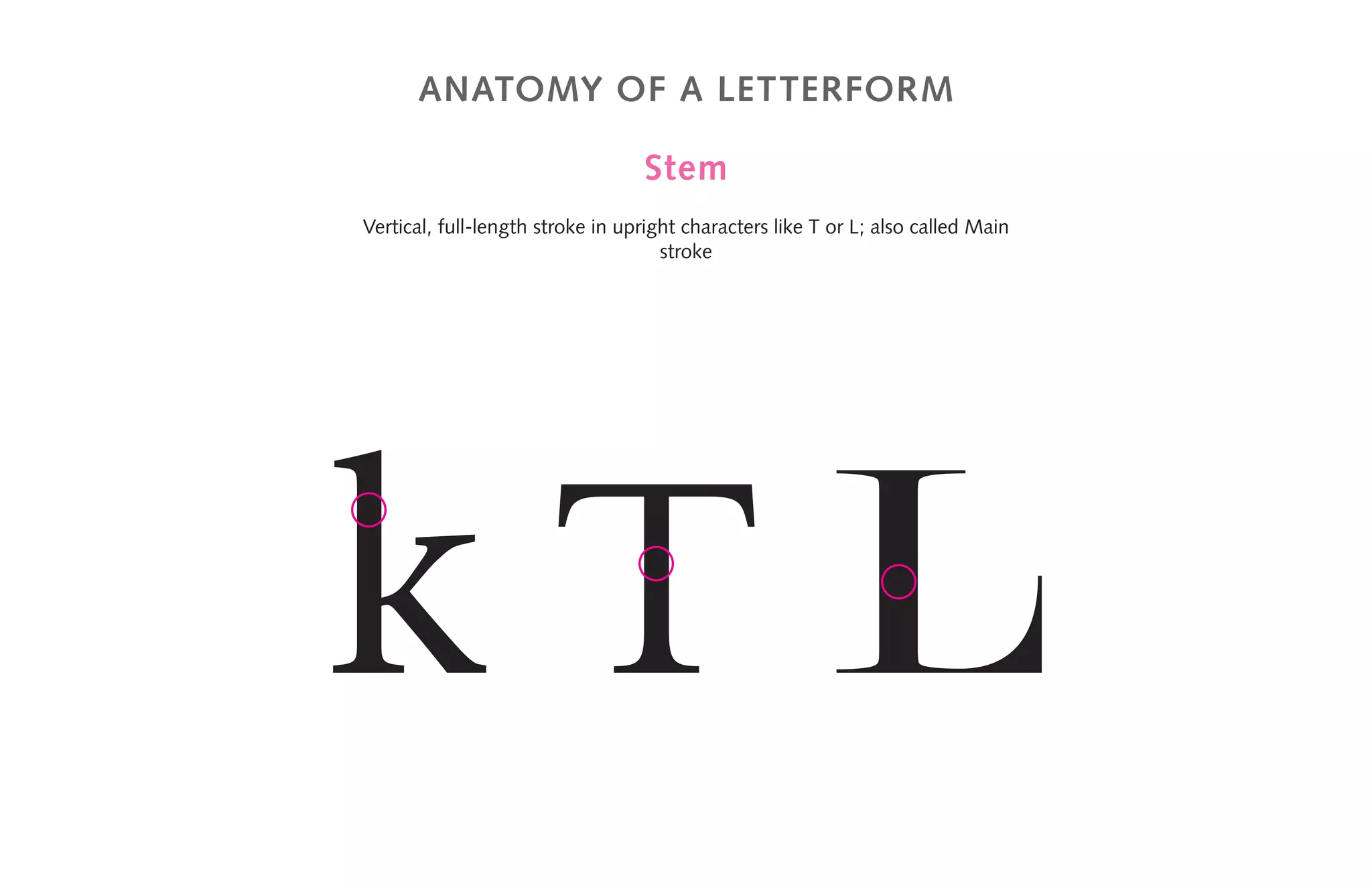 anatomy of a letterform
Stem
Vertical, full-length stroke in upright characters like T or L; also called Main
stroke
k T L
 
