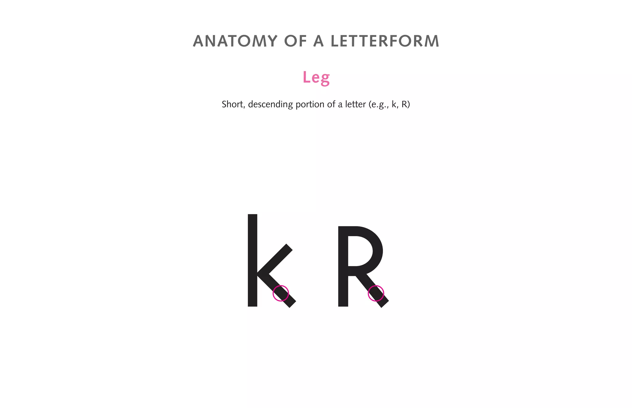 anatomy of a letterform
Leg
Short, descending portion of a letter (e.g., k, R)
k R
 