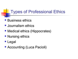 Types of Professional Ethics
 Business ethics
 Journalism ethics
 Medical ethics (Hippocrates)
 Nursing ethics
 Legal
 Accounting (Luca Pacioli)
 