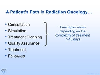 ©2011 MFMER | slide-11
A Patient’s Path in Radiation Oncology…
• Consultation
• Simulation
• Treatment Planning
• Quality Assurance
• Treatment
• Follow-up
Time lapse varies
depending on the
complexity of treatment
1-10 days
 