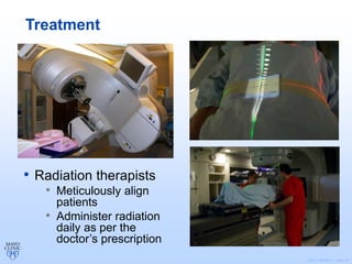 ©2011 MFMER | slide-18
Treatment
• Radiation therapists
• Meticulously align
patients
• Administer radiation
daily as per the
doctor’s prescription
 