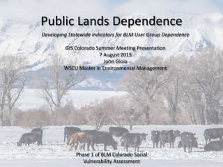 Public Lands Dependence
Developing Statewide Indicators for BLM User Group Dependence
GIS Colorado Summer Meeting Presentation
7 August 2015
John Gioia
WSCU Master in Environmental Management
Phase 1 of BLM Colorado Social
Vulnerability Assessment
 