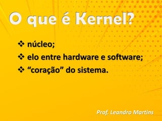  núcleo;
 elo entre hardware e software;
 “coração” do sistema.
Prof. Leandro Martins
 