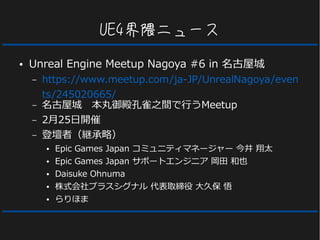 UE4界隈ニュース
● Unreal Engine Meetup Nagoya #6 in 名古屋城
– https://www.meetup.com/ja-JP/UnrealNagoya/even
ts/245020665/
– 名古屋城　本丸御殿孔雀之間で行うMeetup
– 2月25日開催
– 登壇者（継承略）
● Epic Games Japan コミュニティマネージャー 今井 翔太
● Epic Games Japan サポートエンジニア 岡田 和也
● Daisuke Ohnuma
● 株式会社プラスシグナル 代表取締役 大久保 悟
● らりほま
 