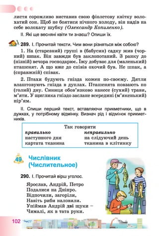 листя соромливо виставив свою фіолетову квітку воло­
хатий сон. Щоб не боятися нічного холоду, він надів на
себе волохату шубку (Олександр Копиленко).
II. Які ще весняні квіти ти знаєш? Опиши їх.
289. І. Прочитай тексти. Чим вони різняться між собою?
1. На (старезний) груші в (бабусин) садку жив (чор­
ний) шпак. Він завжди був заклопотаний. З ранку до
(пізній) вечора господарює. їжу добуває для (маленький)
пташенят. А що вже до співів охочий був. Не шпак, а
(справжній) співак.
2. Птахи будують гнізда кожен по-своєму. Дятли
влаштовують гнізда в дуплах. Пташенята повзають по
(голий) дну. Синиця обов’язково нанесе (сухий) трави,
м’яти. У щиглика гніздо заслане всередині (м’якенький)
пір’ям.
II. Спиши перший текст, вставляючи прикметники, що в
дужках, у потрібному відмінку. Визнач рід і відмінок прикмет­
ників.
Так говорити
правильно неправильно
наступного дня на слідуючий день
картата тканина тканина в клітинку
4 9 Числівник
(Числительное)
290. І. Прочитай вірш уголос.
Ярослав, Андрій, Петро
Подалися на Дніпро.
Відпочили, загоріли,
Навіть риби наловили.
Упіймав Андрій дві щуки -
Чималі, як в тата руки.
 