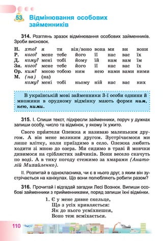 ,53, Відмінювання особових
займенників
314. Розглянь зразок відмінювання особових займенників.
Зроби висновок.
Н . хто? я ти він/воно вона ми ви вони
Р . кого? мене тебе його її нас вас їх
Д. кому? мені тобі йому
•*о
їй нам вам їм
Зн. кого? мене тебе його її нас вас їх
Ор. ким? мною тобою ним нею нами вами ними
М. (на) (на)
кому? мені тобі ньому ній нас вас них
В українській мові займенники 3-ї особи однини й
множини в орудному відмінку мають форми ним,
нею, ними.
315. І. Спиши текст, підкресли займенники, поруч у дужках
запиши особу, число та відмінок, у якому їх ужито.
Свого прйятеля Олежка я називаю маленьким дру­
гом. А він мене великим другом. Зустрічаємося ми
лише влітку, коли приїздимо в село. Олежка любить
ходити зі мною до озера. Ми сидимо в траві й мовчки
дивимося на сріблястих зайчиків. Вони весело скачуть
по воді. А в тиху погоду стежимо за хмарами (Анато­
лій Михайленко).
II. Розпитай в однокласника, чи є в нього друг, з яким він зу­
стрічається на канікулах. Що вони полюбляють робити разом?
316. Прочитай і відгадай загадки Лесі Вознюк. Випиши осо­
бові займенники з прийменниками, поряд запиши їхні відмінки.
1. Є у мене дивне скельце,
Що з усіх кривляється:
Як до нього усміхнешся,
Воно теж всміхається.
 