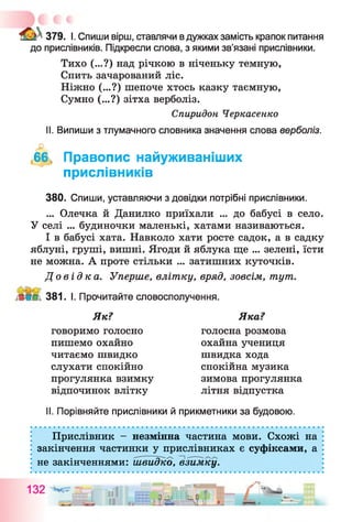 379. I. Спиши вірш, ставлячи вдужках замість крапок питання
до прислівників. Підкресли слова, з якими зв’язані прислівники.
Тихо (...?) над річкою в ніченьку темную,
Спить зачарований ліс.
Ніжно (...?) шепоче хтось казку таємную,
Сумно (...?) зітха верболіз.
II. Випиши з тлумачного словника значення слова верболіз.
,66 Правопис найуживаніших
прислівників
380. Спиши, уставляючи з довідки потрібні прислівники.
... Олечка й Данилко приїхали ... до бабусі в село.
У селі ... будиночки маленькі, хатами називаються.
І в бабусі хата. Навколо хати росте садок, а в садку
яблуні, груші, вишні. Ягоди й яблука ще ... зелені, їсти
не можна. А проте стільки ... затишних куточків.
До в і д к а . Уперше, влітку, вряд, зовсім, тут.
381. І. Прочитайте словосполучення.
II. Порівняйте прислівники й прикметники за будовою.
Прислівник - незмінна частина мови. Схожі на
закінчення частинки у прислівниках є суфіксами, а
не закінченнями: швидко, взимку.
Спиридон Черкасенко
Як? Яка?
говоримо голосно
пишемо охайно
читаємо швидко
слухати спокійно
прогулянка взимку
відпочинок влітку
спокійна музика
зимова прогулянка
літня відпустка
голосна розмова
охайна учениця
швидка хода
 