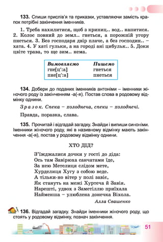 133. Спиши прислів’я та приказки, уставляючи замість кра­
пок потрібні закінчення іменників.
1. Треба нахилитися, щоб з криниц., вод., напитися.
2. Колос повний до земл.. гнеться, а порожній угору
пнеться. 3. Без господаря двір плаче, а без господин.. -
хата. 4. У хаті гульки, а на городі ані цибульк.. 5. Доки
цвіте трава, то ще зим., нема.
134. Добери до поданих іменників антоніми - іменники жі­
ночого роду із закінченням -а(-я). Постав слова в родовому від­
мінку однини.
Зразок. Спека - холоднеча, спеки - холоднечі.
Правда, поразка, слава.
135. Прочитай і відгадай загадку. Знайди і випиши синоніми.
Іменники жіночого роду, які в називному відмінку мають закін­
чення -а(-я), постав у родовому відмінку однини.
ХТО ДІД?
З’їжджалися дочки у гості до діда:
Ось там Завірюха санчатами їде,
За нею Метелиця слідом мете,
Хурделиця Хугу з собою веде.
А тільки-но вітер у полі завіє,
Як стануть на межі Хуртеча й Завія.
Нарешті, удвох з Заметіллю приїхала
Найменша - улюблена донечка Віхола.
Вимовляємо
гне[ц':а]
пне[ц':а]
Пишемо
гнеться
пнеться
Алла Свашенко
й * 136. Відгадай загадку. Знайди іменники жіночого роду, що
стоять у родовому відмінку, познач закінчення.
 
