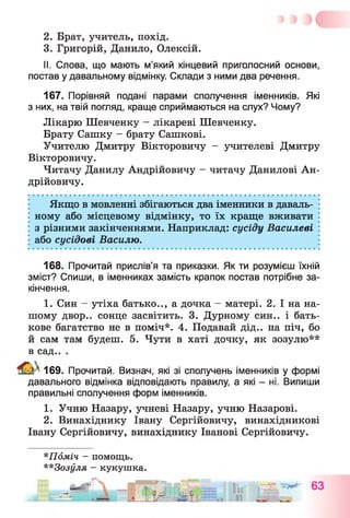 2. Брат, учитель, похід.
3. Григорій, Данило, Олексій.
II. Слова, що мають м’який кінцевий приголосний основи,
постав у давальному відмінку. Склади з ними два речення.
167. Порівняй подані парами сполучення іменників. Які
з них, на твій погляд, краще сприймаються на слух? Чому?
Лікарю Шевченку - лікареві Шевченку.
Брату Сашку - брату Сашкові.
Учителю Дмитру Вікторовичу - учителеві Дмитру
Вікторовичу.
Читачу Данилу Андрійовичу - читачу Данилові Ан­
дрійовичу.
Якщо в мовленні збігаються два іменники в даваль­
ному або місцевому відмінку, то їх краще вживати
з різними закінченнями. Наприклад: сусіду Василеві
або сусідові Василю.
168. Прочитай прислів’я та приказки. Як ти розумієш їхній
зміст? Спиши, в іменниках замість крапок постав потрібне за­
кінчення.
1. Син - утіха батько.., а дочка - матері. 2. І на на­
шому двор., сонце засвітить. 3. Дурному син., і бать­
кове багатство не в поміч*. 4. Подавай дід., на піч, бо
й сам там будеш. 5. Чути в хаті дочку, як зозулю**
в сад.. .
№ 169. Прочитай. Визнач, які зі сполучень іменників у формі
давального відмінка відповідають правилу, а які - ні. Випиши
правильні сполучення форм іменників.
1. Учню Назару, учневі Назару, учню Назарові.
2. Винахіднику Івану Сергійовичу, винахідникові
Івану Сергійовичу, винахіднику Іванові Сергійовичу.
*П6міч - помощь.
**Зозуля - кукушка.
 