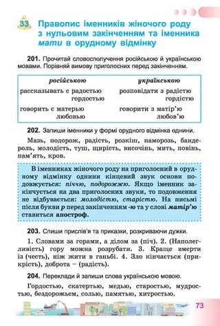 ,33, Правопис іменників жіночого роду
з нульовим закінченням та іменника
мати в орудному відмінку
201. Прочитай словосполучення російською й українською
мовами. Порівняй вимову приголосних перед закінченням.
російською українською
рассказывать с радостью розповідати з радістю
гордостью гордістю
говорить с матерью говорити з матір’ю
любовью любов’ю
202. Запиши іменники у формі орудного відмінка однини.
Мазь, подорож, радість, розкіш, паморозь, банде­
роль, молодість, туш, щирість, височінь, мить, повінь,
пам’ять, кров.
В іменниках жіночого роду на приголосний в оруд­
ному відмінку однини кінцевий звук основи по­
довжується: піччю, подорожжю. Якщо іменник за­
кінчується на два приголосних звуки, то подовження
не відбувається: молодістю, старістю. На письмі
після буквир перед закінченням -ю та у слові матір’ю
ставиться апостроф.
203. Спиши прислів’я та приказки, розкриваючи дужки.
1. Словами за горами, а ділом за (піч). 2. (Наполег­
ливість) гору можна розрубати. 3. Краще вмерти
із (честь), ніж жити в ганьбі. 4. Зло кінчається (при­
крість), доброта - (радість).
204. Переклади й запиши слова українською мовою.
Гордостью, скатертью, медью, старостью, мудрос­
тью, бездорожьем, солью, памятью, хитростью.
Гч
 