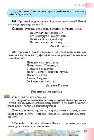 Суфікс -єн- з’являється при відмінюванні іменни­
ків ім’я, плем’я.
208. Прочитай подані слова. Що вони означають? Яке зі
слів є відгадкою до загадки?
Кошеня, гусеня, ведмежа, каченя, зайченя, ягня.
По лужку та полонині*
Все мандрує в кожушині.
Навіть влітку одяганку
Не лиша воно на ґанку.
Леся Вознюк
209. Прочитай. Знайди іменники, що означають назви ма­
леньких істот, запиши їх у формі називного, родового та даваль­
ного відмінків.
Невеличка в нас сім’я:
Мама, тато, Петрик, я,
Є дідусь і є бабуся,
Песик Гавчик, кицька Муся,
Порося, і ягня,
І теля, і курча.
От і вся наша сім’я.
Варвара Гринько
Розвиток мовлення
■гШЙ.О; 210. І. Розгляньте малюнок.
II. Придумайте розповідь на тему «Дружна сім’я» про звірів
і птахів, які живуть на селянському обійсті. Для цього викорис­
тайте подані слова й словосполучення.
Квочка, півень, курчата, курча, зелена трава, клю­
вати просо, бігати, кошеня, тривога, войовничий, обо­
роняти.
*Полонйна - безліса ділянка Карпат, що використову­
ється для пасовиська; галявина.
_ ^ -71
 