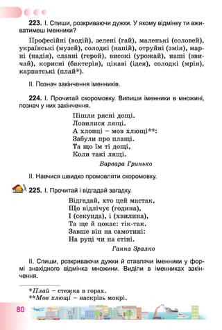 223. І. Спиши, розкриваючи дужки. У якому відмінку ти вжи­
ватимеш іменники?
Професійні (водій), зелені (гай), маленькі (соловей),
українські (музей), солодкі (напій), отруйні (змія), мар­
ні (надія), славні (герой), високі (урожай), наші (зви­
чай), корисні (бактерія), цікаві (ідея), солодкі (мрія),
карпатські (плай*).
II. Познач закінчення іменників.
224. І. Прочитай скоромовку. Випиши іменники в множині,
познач у них закінчення.
Пішли рясні дощі.
Ловилися лящі.
А хлопці - мов хлющі**:
Забули про плащі.
Та що їм ті дощі,
Коли такі лящі.
Варвара Гринько
II. Навчися швидко промовляти скоромовку.
225. І. Прочитай і відгадай загадку.
Відгадай, хто цей мастак,
Що відлічує (година),
І (секунда), і (хвилина),
Та ще й цокає: тік-так.
Завше він на самотині:
На руці чи на стіні.
Ганна Зралко
II. Спиши, розкриваючи дужки й ставлячи іменники у фор­
мі знахідного відмінка множини. Виділи в іменниках закін­
чення.
*Плай - стежка в горах.
**Мов хлющі - наскрізь мокрі.
ОП У*І
 