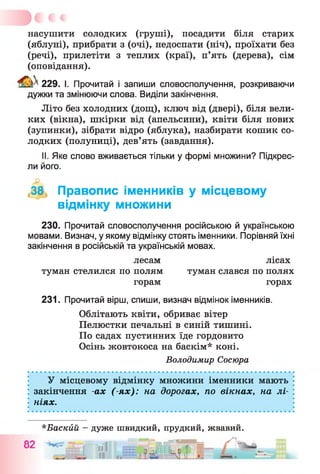 насушити солодких (груші), посадити біля старих
(яблуні), прибрати з (очі), недоспати (ніч), проїхати без
(речі), прилетіти з теплих (краї), п’ять (дерева), сім
(оповідання).
^ 229. І. Прочитай і запиши словосполучення, розкриваючи
дужки та змінюючи слова. Виділи закінчення.
Літо без холодних (дощ), ключ від (двері), біля вели­
ких (вікна), шкірки від (апельсини), квіти біля нових
(зупинки), зібрати відро (яблука), назбирати кошик со­
лодких (полуниці), дев’ять (завдання).
II. Яке слово вживається тільки у формі множини? Підкрес­
ли його.
,38, Правопис іменників у місцевому
відмінку множини
230. Прочитай словосполучення російською й українською
мовами. Визнач, у якому відмінку стоять іменники. Порівняй їхні
закінчення в російській та українській мовах.
лесам лісах
туман стелился по полям туман слався по полях
горам горах
231. Прочитай вірш, спиши, визнач відмінок іменників.
Облітають квіти, обриває вітер
Пелюстки печальні в синій тишині.
По садах пустинних їде гордовито
Осінь жовтокоса на баскім* коні.
Володимир Сосюра
У місцевому відмінку множини іменники мають
закінчення -ах (-ях): на дорогах, по вікнах, на лі­
ніях.
*Баскйй - дуже швидкий, прудкий, жвавий.
оо ~ І Т ііш ХЬ.
 