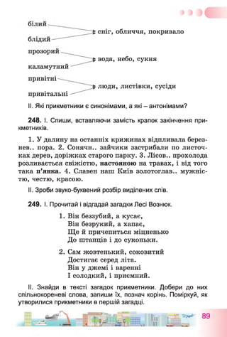 білии
сніг, обличчя, покривало
блідий
прозорий
вода, небо, сукня
каламутний
привітні
люди, листівки, сусіди
привітальні
II. Які прикметники є синонімами, а які - антонімами?
248. І. Спиши, вставляючи замість крапок закінчення при­
кметників.
I. У далину на останніх крижинах відпливала берез-
нев.. пора. 2. Сонячн.. зайчики застрибали по листоч­
ках дерев, доріжках старого парку. 3. Лісов.. прохолода
розливається свіжістю, настояною на травах, і від того
така п’янка. 4. Славен наш Київ золотоглав.. мужніс­
тю, честю, красою.
II. Зроби звуко-буквений розбір виділених слів.
249. І. Прочитай і відгадай загадки Лесі Вознюк.
1. Він беззубий, а кусає,
Він безрукий, а хапає,
Ще й причепиться міцненько
До штанців і до суконьки.
2. Сам жовтенький, соковитий
Достигає серед літа.
Він у джемі і варенні
І солодкий, і приємний.
II. Знайди в тексті загадок прикметники. Добери до них
спільнокореневі слова, запиши їх, познач корінь. Поміркуй, як
утворилися прикметники в першій загадці.
 